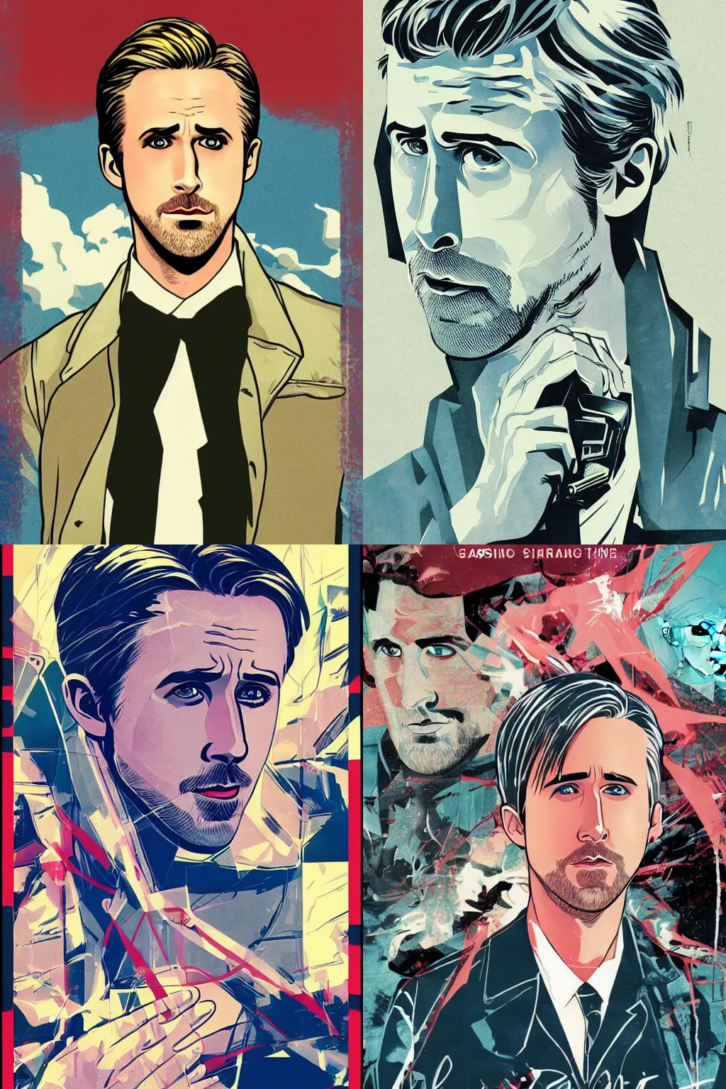 Prompt: ryan gosling graphic novel cover art, yoji shinakawa, studio gainax