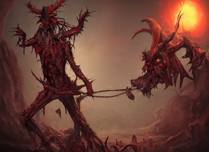 Prompt: a macabre demon casts a gruesome enchantment across a land of fertility and wealth, diminishing the land's value and robustness, trending on artstation, digital art, award winning