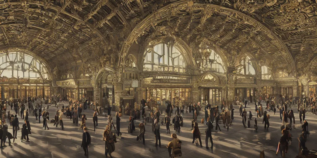 Image similar to cinematic movie scene, 200mm wide shot, precise architectural rendering, interior of victorian era railway station with ornate architecture, bustling with people and, victorian architecture, emerald, crystalline, detailed illustration, sharp focus, concept art, unreal engine, octane render, god rays, aesthetic