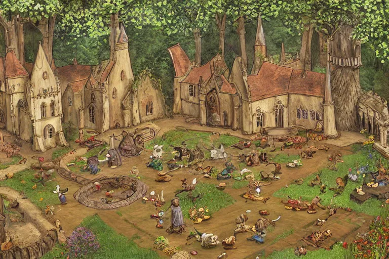 Image similar to an elaborate and dense painting of redwall abbey in mossflower wood with lots of medieval anthropomorphic mice and rabbits and otters, detailed by brian jacques and greg rutowski