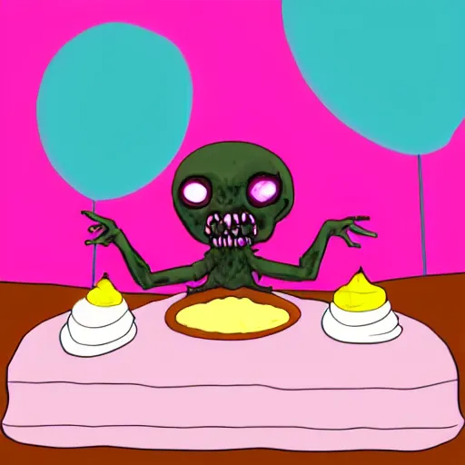 Prompt: a terrifying alien demon, eating a cake