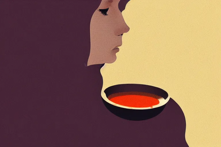 Prompt: editorial illustration by Karolis Strautniekas and Mads Berg, portrait of a sad young woman drinking tea, colorful, fine texture,detailed, muted colors,film noir, dramatic lighting, dynamic composition, vivid, matte print, wide angle,((sunbeams)), moody, extreme perspective