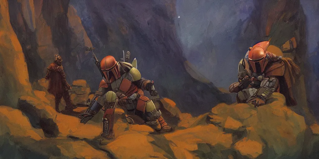 Prompt: Mandalorian, a rocky outcrop, a small bonfire, spaceship nearby, refined, dignified, style of rembrandt and ((don bluth)), bright natural light, saturated colors, very low energy