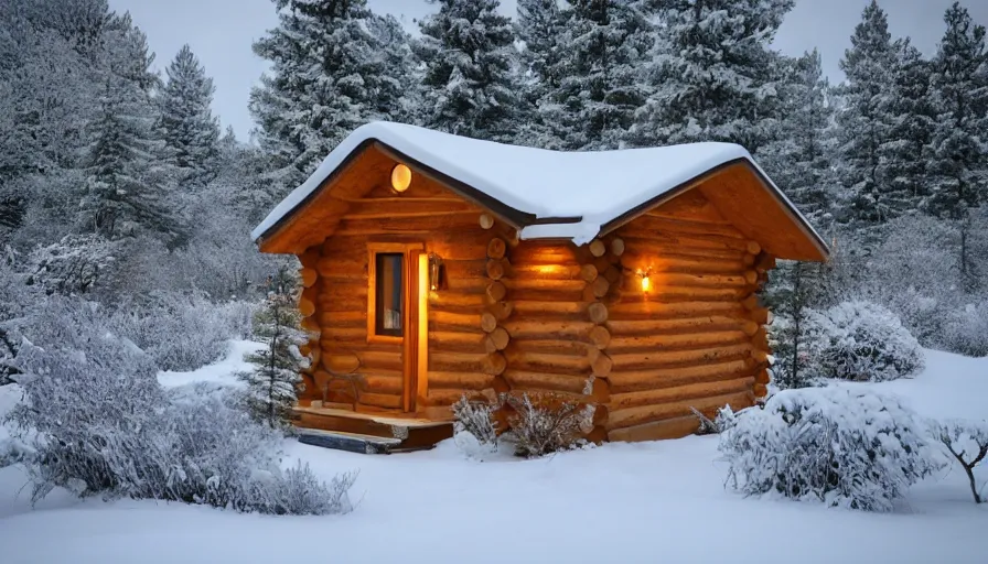 Image similar to empty cozy small cabin, warm, outside winter landscape
