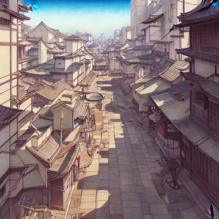 Image similar to empty japanese city, spring, in the style of studio ghibli, j. c. leyendecker, greg rutkowski, artem