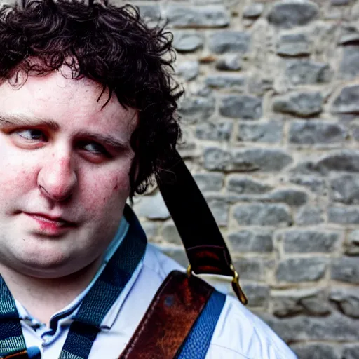 Image similar to close up headshot of a frowning clean shaven pudgy British lad with short curly dark brown hair as a hobbit wearing a white men's crossbody sling chest bag and blue vest, blue vest!! white crossbody chestbag!! high resolution film still, by Sarah Moon