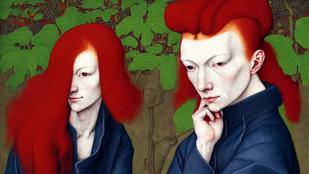 Prompt: portrait of a androgynous woman with red hair, wearing a jeans jackets, a high collar t - shirt and baggy jeans, in the style of rogier van der weyden and jacopo da pontormo, standing in a botanical garden, bjork aesthetic, masterpiece, cyberpunk, asian art, intricate details, highly detailed