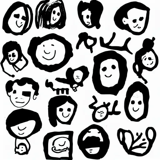 Image similar to black and white composition of a variety of doodles, drawings, faces, symbols, cartoons, lineart, chinese ink brush