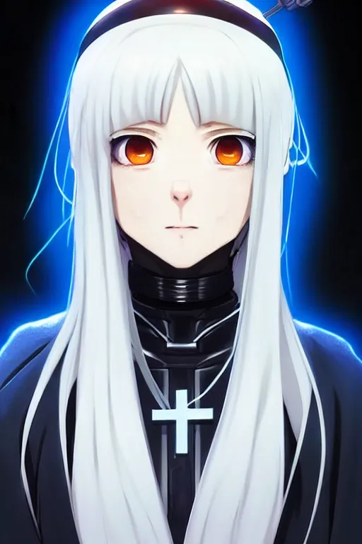 Image similar to portrait Anime cyborg girl in nun clothes, holy church Warhammer 40000, cute-fine-face, white-hair pretty face, realistic shaded Perfect face, fine details. Anime. realistic shaded lighting by Ilya Kuvshinov katsuhiro otomo ghost-in-the-shell, magali villeneuve, artgerm, rutkowski, WLOP Jeremy Lipkin and Giuseppe Dangelico Pino and Michael Garmash and Rob Rey