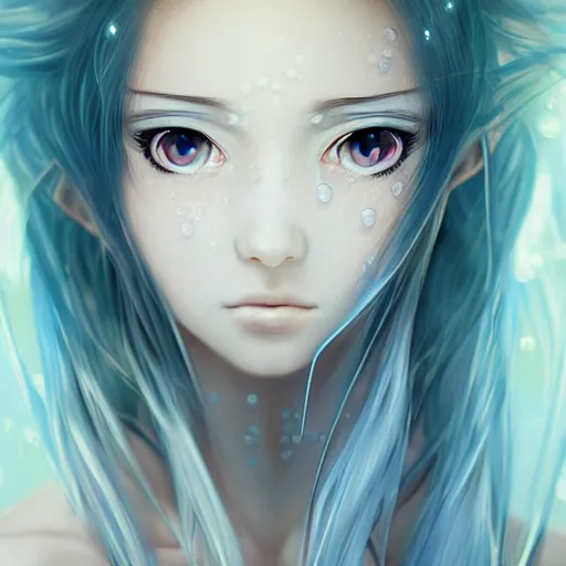 Image similar to advanced digital portrait painting photograph, a very beautiful anime girl wearing a dress made of water standing in a crystal lake turning into mist , full body, very long black hair, azure blue watery eyes, full round face, seductive stare, cinematic lighting, medium shot, mid-shot, highly detailed, trending on artstation, Unreal Engine 4k, Stanley Artgerm Lau, WLOP, Rossdraws, James Jean, Andrei Riabovitchev, Marc Simonetti, and Sakimichan