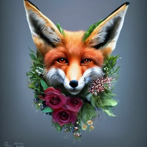 Image similar to portrait of a fox wearing a tiara wreath flowers, fantasy art, d & d, trending on artstation, beautiful art, highly detailed