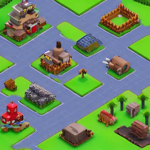 Prompt: collection of isometric farm building sprites on a solid background, clash of clans style, modular game dev art