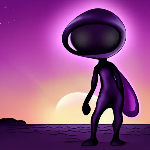 Image similar to friendly alien sailor cartoon soft purple sunset hopeful hd digital