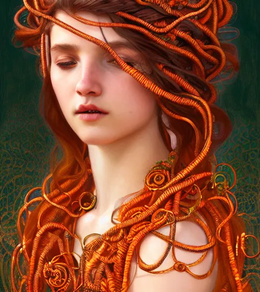 Image similar to portrait of teenage medusa, snake hair, naughty smile, wearing an embroidered orange tunic, intricate, elegant, copper and emerald jewelry, glowing lights, seductive. highly detailed, digital painting, artstation, concept art, smooth, sharp focus, illustration, art by wlop, sensual, mucha, artgerm, and greg rutkowski