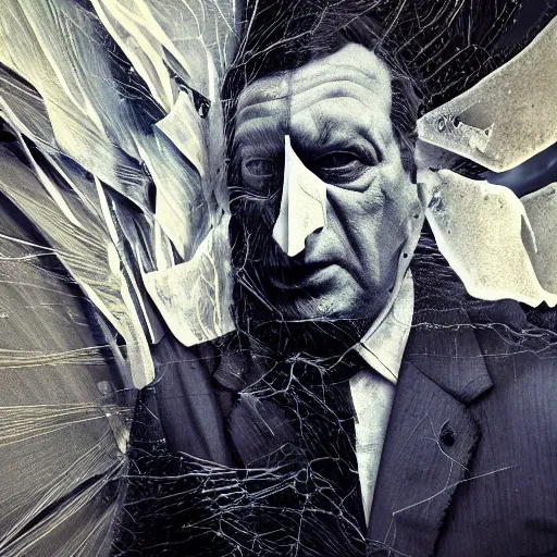 Image similar to A politician loses his face, extreme detail, distortions, shadows, brushes, octane render, 8k by Dave McKean