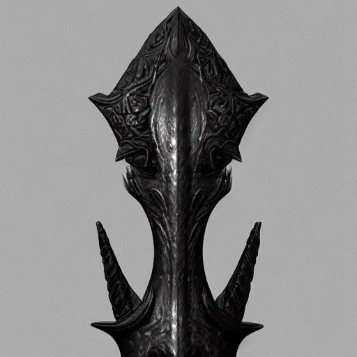 Image similar to a black long sword skull crest, orthographic, ornament, weapon, a 3 d render by dom qwek, studio lighting, front side view full sheet, trending on polycount, artstation, hard surface modeling, rendered in maya, 3 ds max, blender, artstation hd, vray