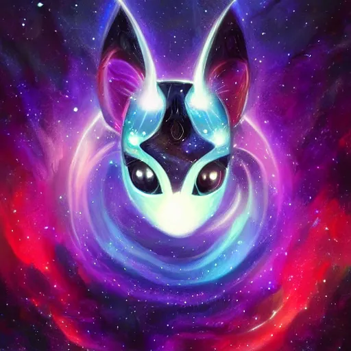 Prompt: geometric symmetrical umbreon with galaxy eyes in space, nebula in the background, intricate, elegant, highly detailed, digital painting, artstation, concept art, smooth, sharp focus, illustration, art by artgerm