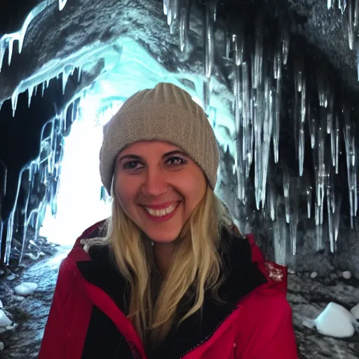 Image similar to happy blonde girl in a freezing ice cave with lots of icicles