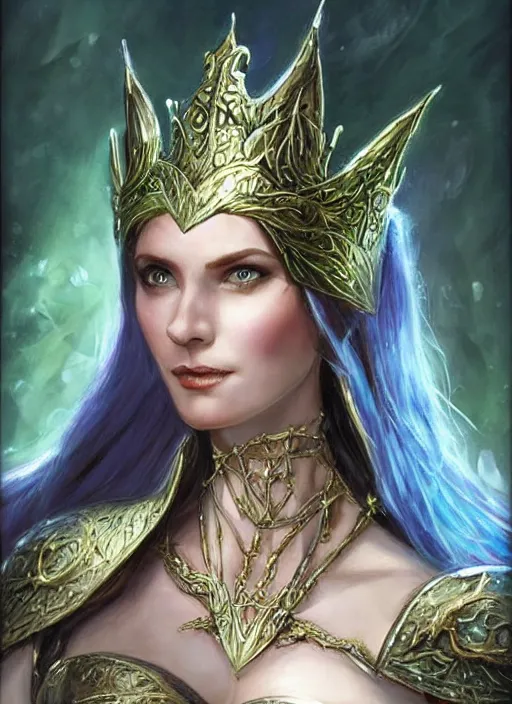 Image similar to elegant beautiful elven queen wearing a crown, ultra detailed fantasy, dndbeyond, bright, colourful, realistic, dnd character portrait, full body, pathfinder, pinterest, art by ralph horsley, dnd, rpg, lotr game design fanart by concept art, behance hd, artstation, deviantart, hdr render in unreal engine 5