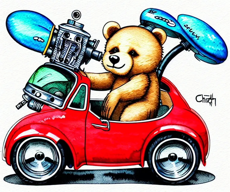 Prompt: cute and funny, bear wearing a helmet riding in a tiny hot rod with oversized engine, ratfink style by ed roth, centered award winning watercolor pen illustration, isometric illustration by chihiro iwasaki, edited by range murata