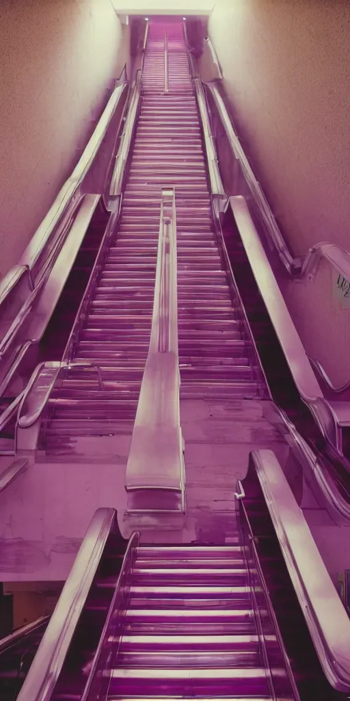 Prompt: 1980s magazine photo of an individual escalator in an abandoned mall with pink walls, with interior potted palm trees, decaying dappled sunlight through a sunroof, cool purple lighting, dark hallways, high contrast