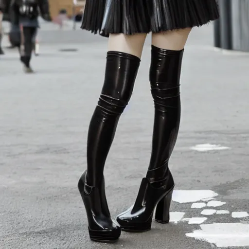 Image similar to a dynamic, epic cinematic 8K HD movie shot of a japanese young J-Pop idol girl wearing leather jacket, miniskirt, nylon tights and high heels boots. Motion, VFX, Inspirational arthouse