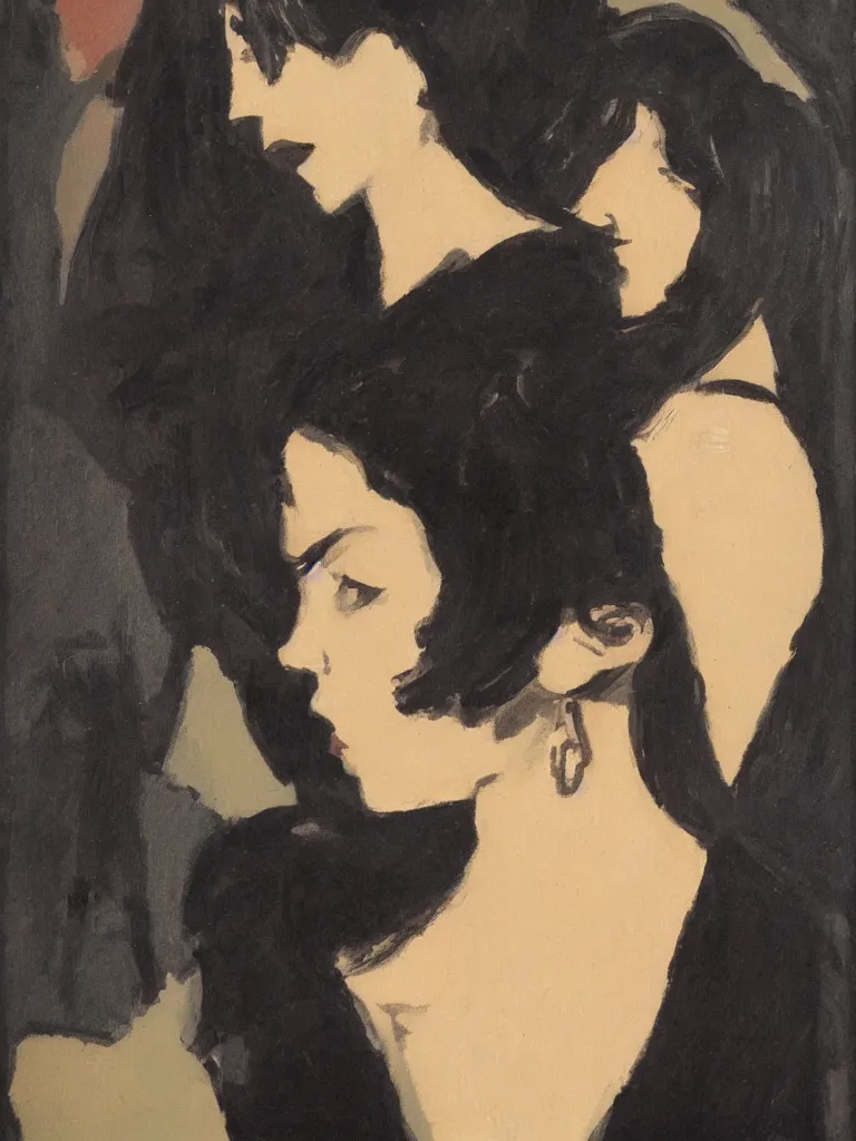 Image similar to portrait profile of one mysterious dark beautiful women in 1 9 7 8, oil painting by john watkiss