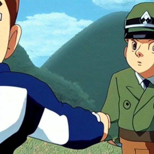Image similar to Hitler as a Pokemon in a Studio Ghibli film, 35 mm still, anime, realistic