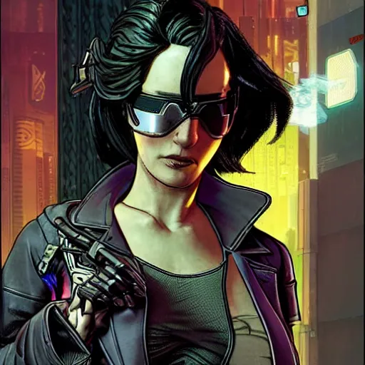 Prompt: selina. cyberpunk mercenary smoking a cigar. Style of James Gurney and Mœbius. (Cyberpunk 2077. Blade Runner. Apex Legends. The matrix)