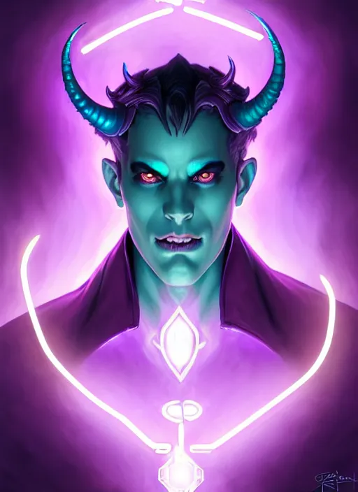 Image similar to symmetry!! portrait of a mischievous male purple and teal skinned tiefling with demon horns and piercings, glowing lights!! intricate, elegant, highly detailed, digital painting, artstation, concept art, smooth, sharp focus, illustration, art by artgerm and greg rutkowski and alphonse mucha