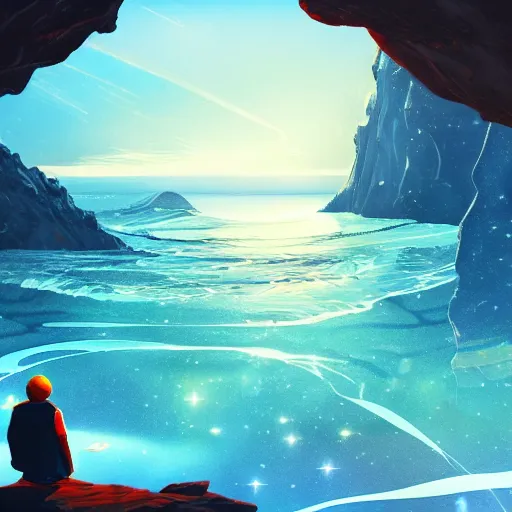 Prompt: a photo of a peaceful serene place, it's on an alien world. i am. looking at the ocean. the ocean seems to sparkle like diamonds. i can see a large blue planet floating in the horizon. first person perspective. trending on artstation