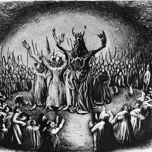 Image similar to ritual spellcasting scene from an avant-garde niche European film, people standing in a circle holding hands and chanting, sabbath of the witches, a clear reference to Goya and Remedios Varo, high-quality, twisted aesthetic