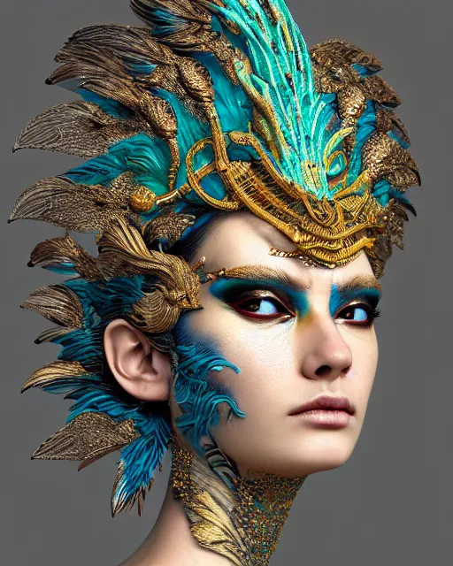 Image similar to 3 d warrior goddess close - up profile portrait. beautiful hyperrealistic intricate highly detailed chuu!! magpie helm and richly embroidered blouse, quetzalcoatl, bioluminescent, angry, gilded, plasma, lava, ice, feather, windy, artwork by tooth wu and wlop and annie leibovitz, octane 3 d render