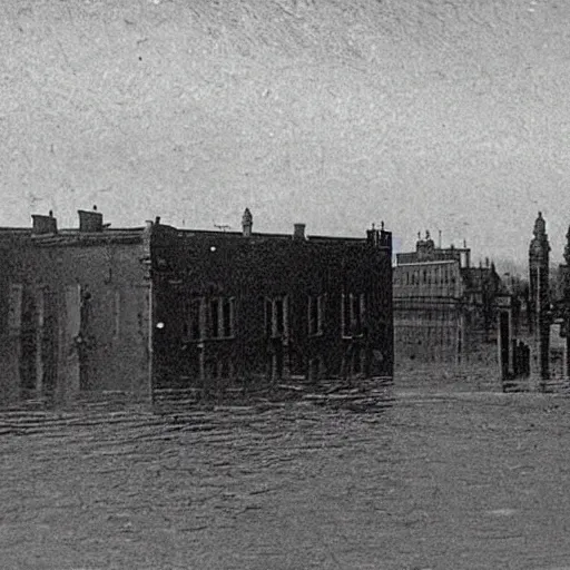 Image similar to grainy 1800s photo of a city being flooded by mud