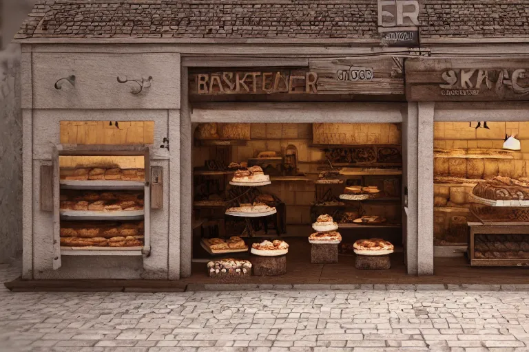 Prompt: Miniature rustic bakery, octane render