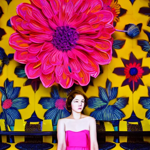 Image similar to giant flower head, frontal, girl standing in mid century hotel, surreal, symmetry, bright colors, cinematic, wes anderson