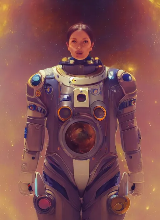 Image similar to masterpiece portrait of cosmic astronaut on a spaceship, au naturel, hyper detailed, digital art, trending in artstation, cinematic lighting, studio quality, smooth render, unreal engine 5 rendered, octane rendered, art style by klimt and nixeu and ian sprigger and wlop and krenz cushart and riot and overwatch