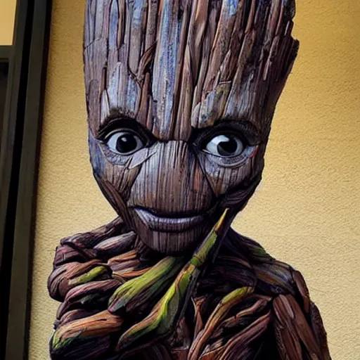 Image similar to sculpture of Groot by Sandra Chevrier
