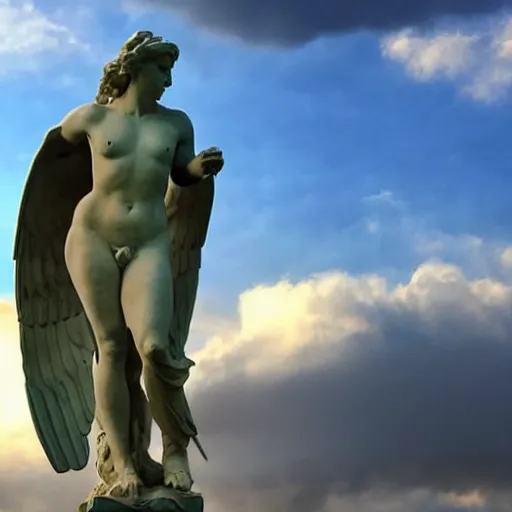 Image similar to venus, nike, the winged victory of samothrace statue made of cyan crystal on a rock in the clouds dramatic low light volumetric lighting epic towering clouds central composition stylised close up to ample soft touch lighting from the side by sunset