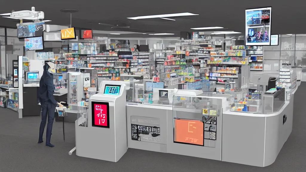 Image similar to cloudpunk unilateral convenience store robo - cashier