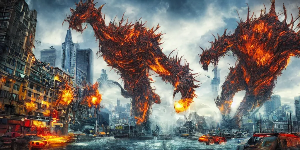 Image similar to destructive giant monsters in the city, photorealistic, highly detailed, sharp focus, vivid, colorful, symmetrical, random, convoluted, mind - blowing, creative, fully functional, end of the world, physics defying, amazing, cool