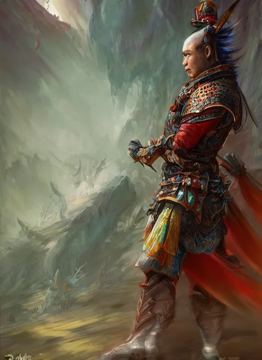 Prompt: chinese warrior curtain hair, looking down, dndbeyond, bright, colourful, realistic, dnd character portrait, full body, pathfinder, pinterest, art by ralph horsley, dnd, rpg, lotr game design fanart by concept art, behance hd, artstation, deviantart, hdr render in unreal engine 5