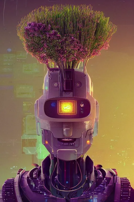 Image similar to a robot with chives and basil growing out of his head, cyberpunk art by Mike Winkelmann and beeple, by Filip Honda, trending on cgsociety, panfuturism, made of chives and basil herbs, glitch art, rendered in cinema4d,