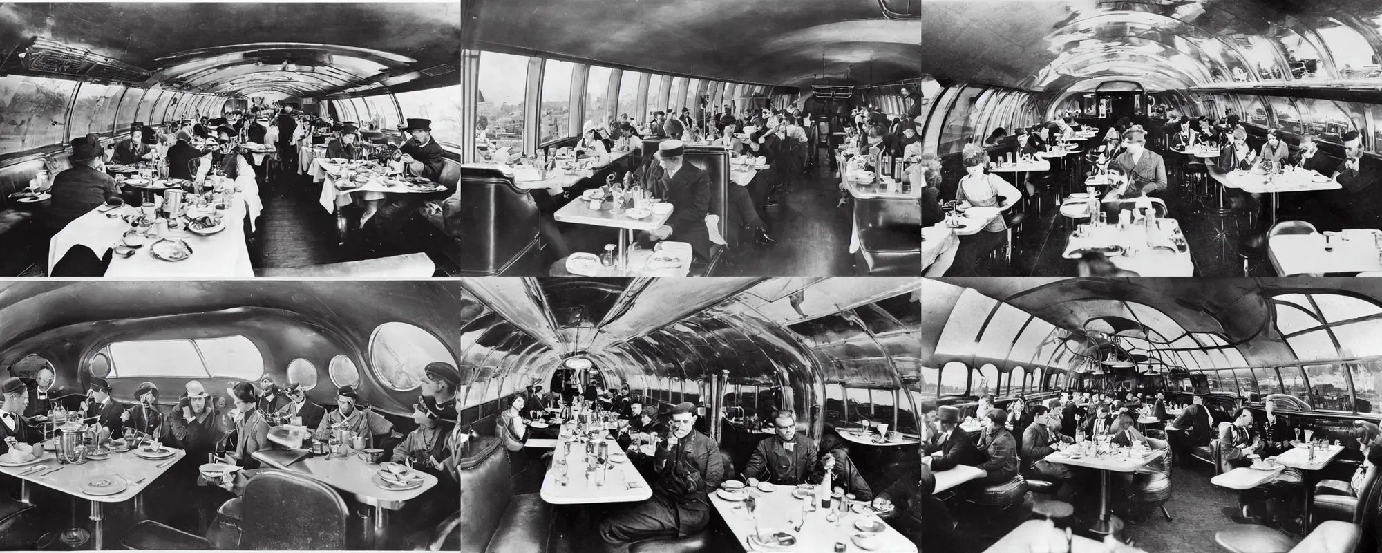 Prompt: Diners eating in a diner in a zeppelin, wide shot photograph, 1920, steampunk