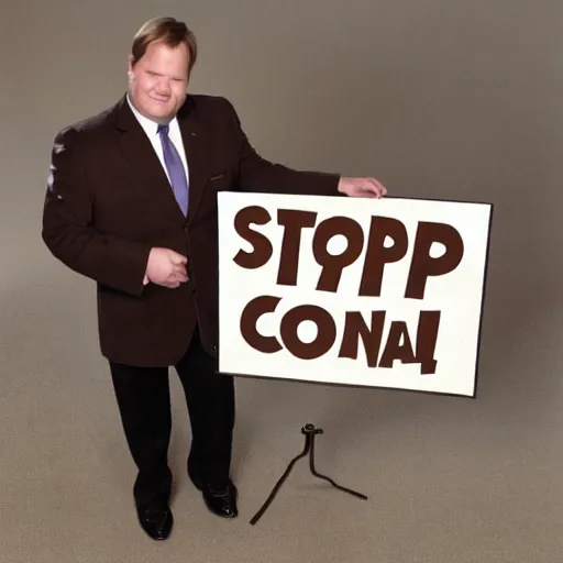 Prompt: Andy Richter is wearing a chocolate brown suit and necktie, holding a sign that reads Stop making these images of me of I WILL tell Conan!! Andy has a stern look on his face