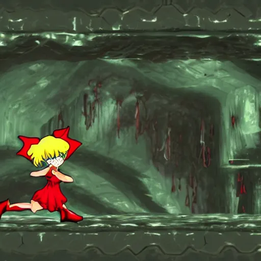 Prompt: flandre scarlet from touhou in metroid prime magmoor caverns, lava, cave