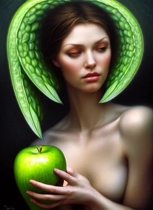 Prompt: angel holding cucumber and apple, fine art, intricate, elegant, highly detailed, realistic hair, centered, digital painting, art station, conceptual art, soft, sharp focus, illustration, artwork, artgerm, tomasz alen kopera, peter mohrbacher, donato giancola, wlop, boris vallejo