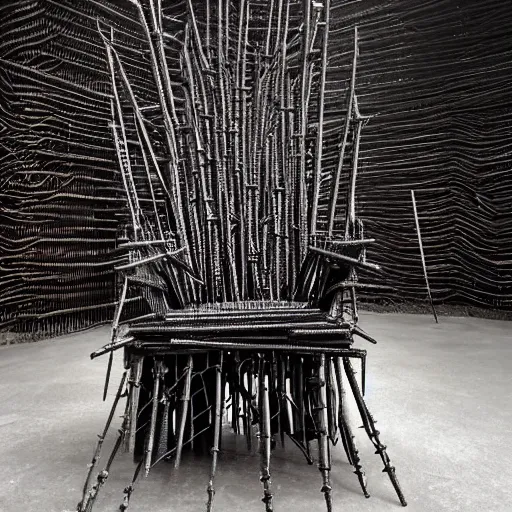 Image similar to black throne with a seat, armrests, and a back rest is encased by hundreds of rebar spikes. there are red ribbons dangling from the spikes. dystopian throne room.
