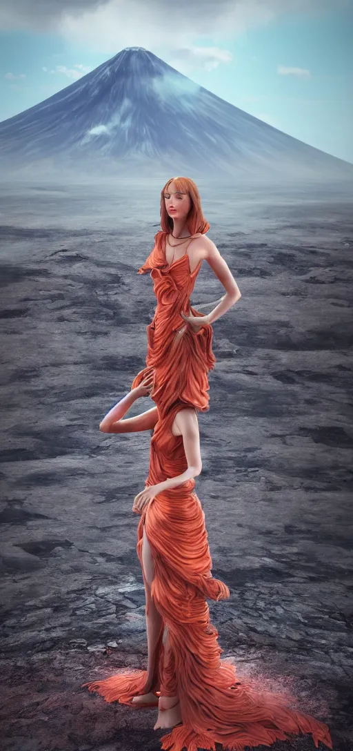 Prompt: a beautiful hyperrealistic ultradetailed 3D render girl in a magnificent dress stands near a volcano, voge photo, fashion style, Annie Leibovitz photostyle, octane render, 3D, brilliantly colored, intricate, wide angle, volumetric lighting, polished, path tracing