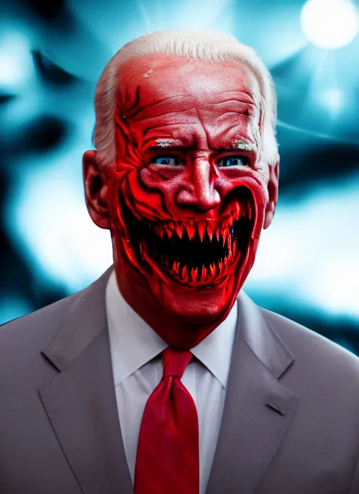 Image similar to hyper realistic ultra realistic horror terror dimensional photo furious glowing red eyes biden, high quality photo, detailed , 8k